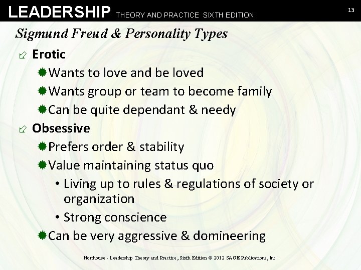 LEADERSHIP THEORY AND PRACTICE SIXTH EDITION Sigmund Freud & Personality Types ÷ Erotic ®Wants