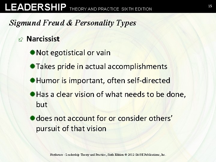 LEADERSHIP THEORY AND PRACTICE SIXTH EDITION Sigmund Freud & Personality Types ÷ Narcissist ®Not