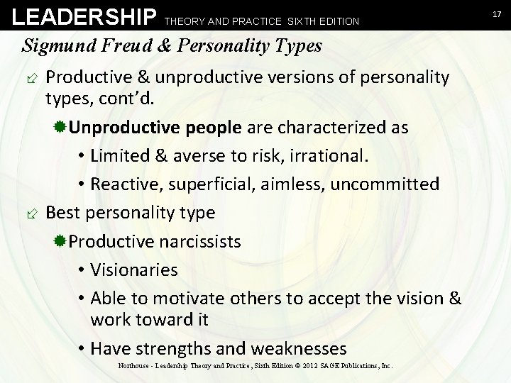 LEADERSHIP THEORY AND PRACTICE SIXTH EDITION Sigmund Freud & Personality Types ÷ Productive &