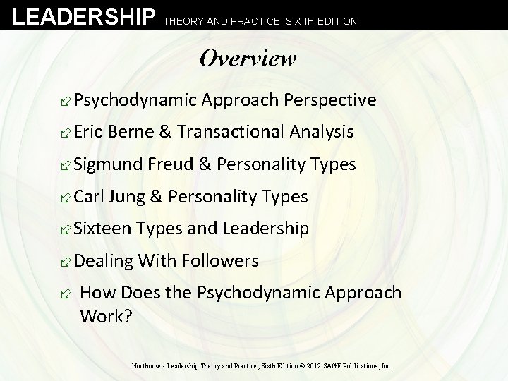 LEADERSHIP THEORY AND PRACTICE SIXTH EDITION Overview ÷Psychodynamic Approach Perspective ÷Eric Berne & Transactional