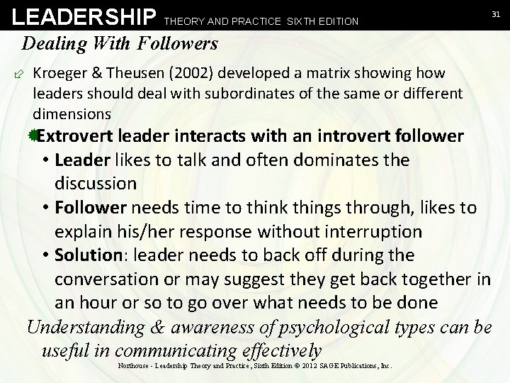 LEADERSHIP THEORY AND PRACTICE SIXTH EDITION 31 Dealing With Followers ÷ Kroeger & Theusen