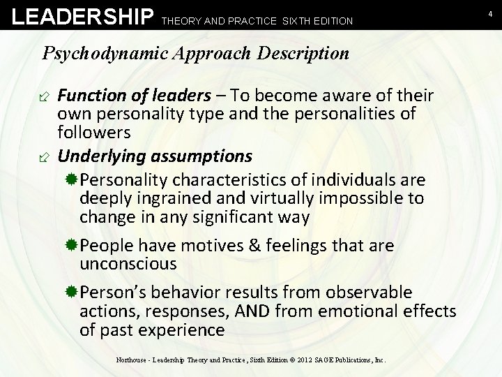 LEADERSHIP THEORY AND PRACTICE SIXTH EDITION Psychodynamic Approach Description ÷ Function of leaders –