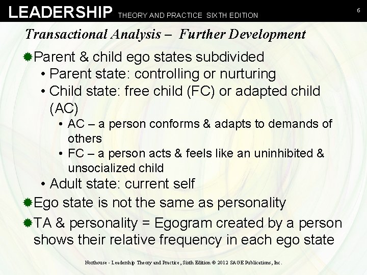 LEADERSHIP THEORY AND PRACTICE SIXTH EDITION Transactional Analysis – Further Development ®Parent & child