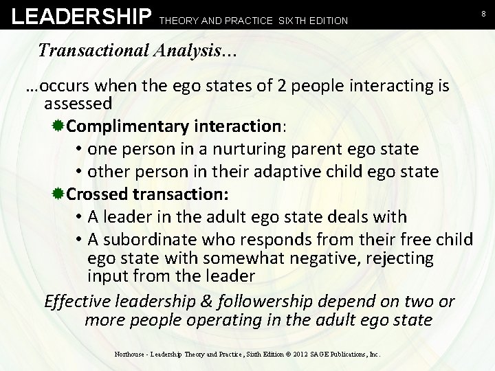 LEADERSHIP THEORY AND PRACTICE SIXTH EDITION Transactional Analysis… …occurs when the ego states of