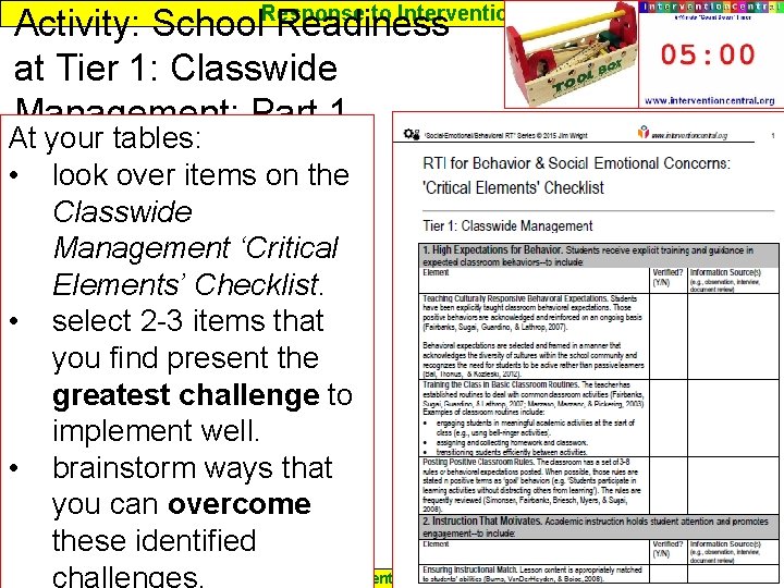 Response to Intervention Activity: School Readiness at Tier 1: Classwide Management: Part 1 At