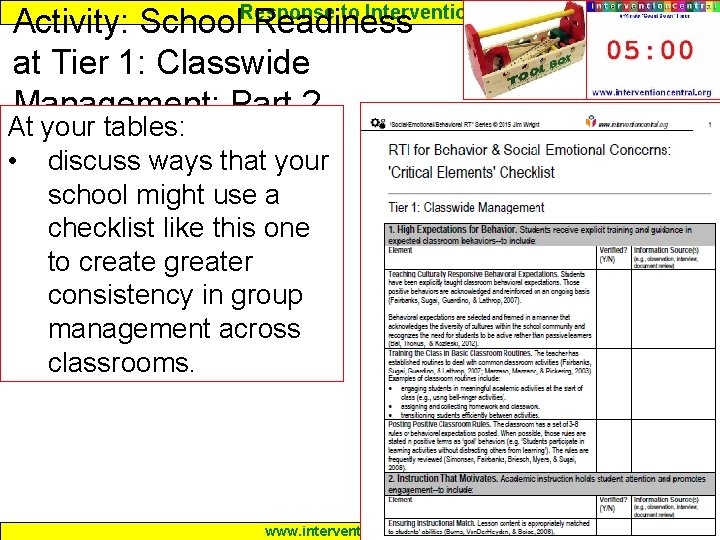 Response to Intervention Activity: School Readiness at Tier 1: Classwide Management: Part 2 At