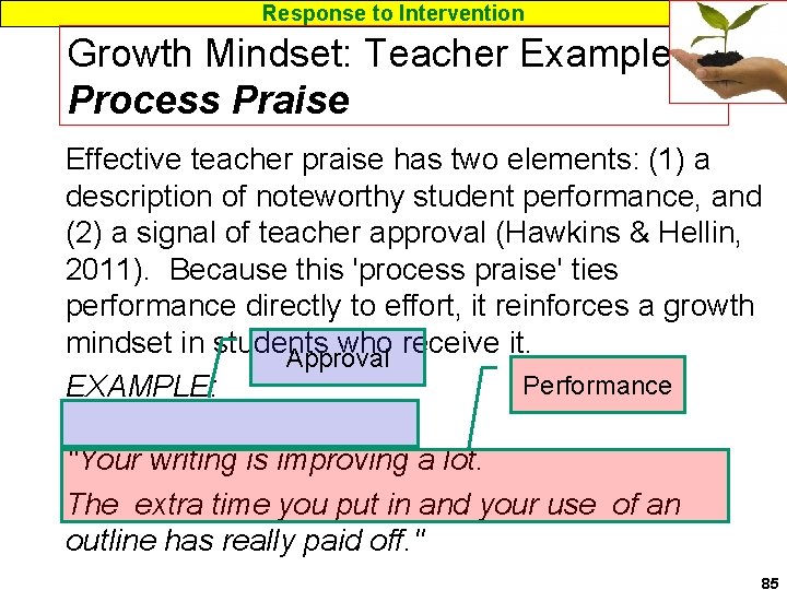 Response to Intervention Growth Mindset: Teacher Examples Process Praise Effective teacher praise has two