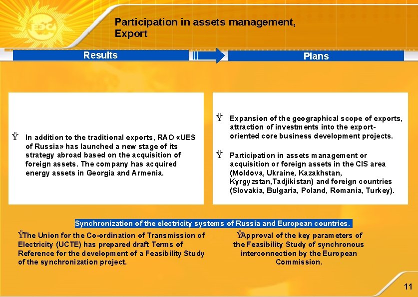 Participation in assets management, Export Results Plans Ÿ Expansion of the geographical scope of