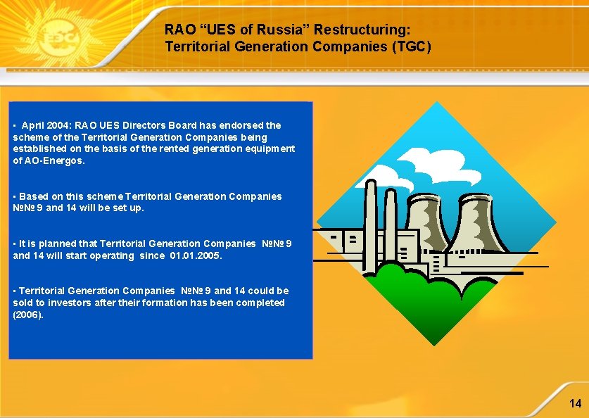 RAO “UES of Russia” Restructuring: Territorial Generation Companies (TGC) • April 2004: RAO UES