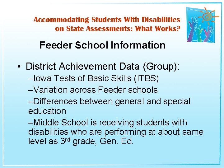 Feeder School Information • District Achievement Data (Group): –Iowa Tests of Basic Skills (ITBS)
