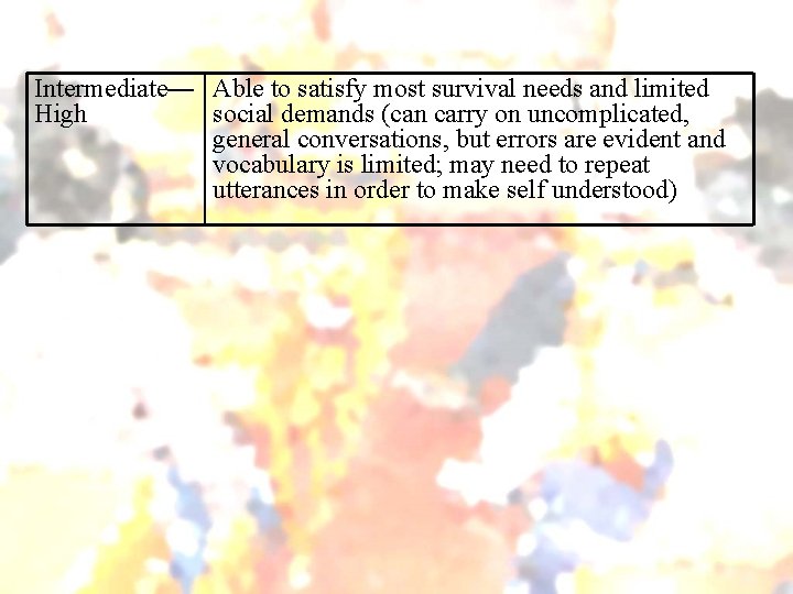 Intermediate— Able to satisfy most survival needs and limited High social demands (can carry