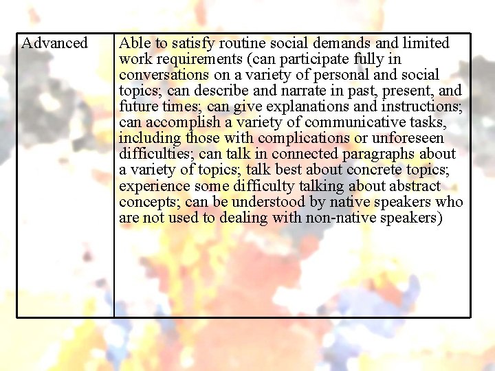 Advanced Able to satisfy routine social demands and limited work requirements (can participate fully