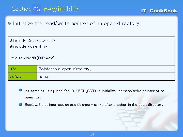 Section 05 01 rewinddir Initialize the read/write pointer of an open directory. #include <sys/types.