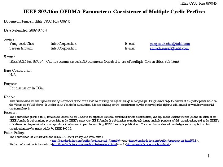 IEEE C 802. 16 m-08/846 IEEE 802. 16 m OFDMA Parameters: Coexistence of Multiple