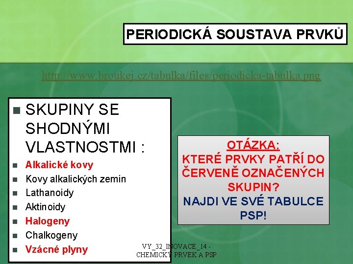 PERIODICKÁ SOUSTAVA PRVKŮ http: //www. broukej. cz/tabulka/files/periodicka-tabulka. png n n n n SKUPINY SE