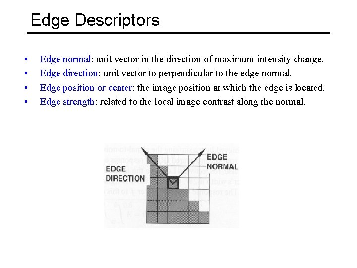 Edge Descriptors • • Edge normal: unit vector in the direction of maximum intensity