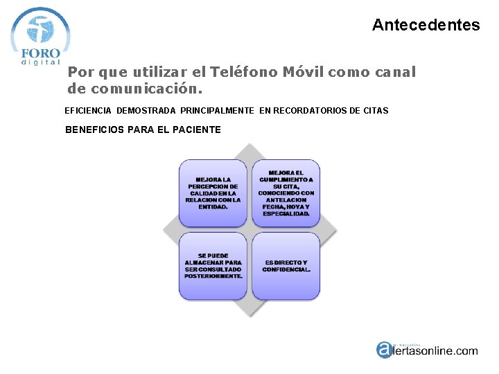 Antecedentes Por que utilizar el Teléfono Móvil como canal de comunicación. EFICIENCIA DEMOSTRADA PRINCIPALMENTE