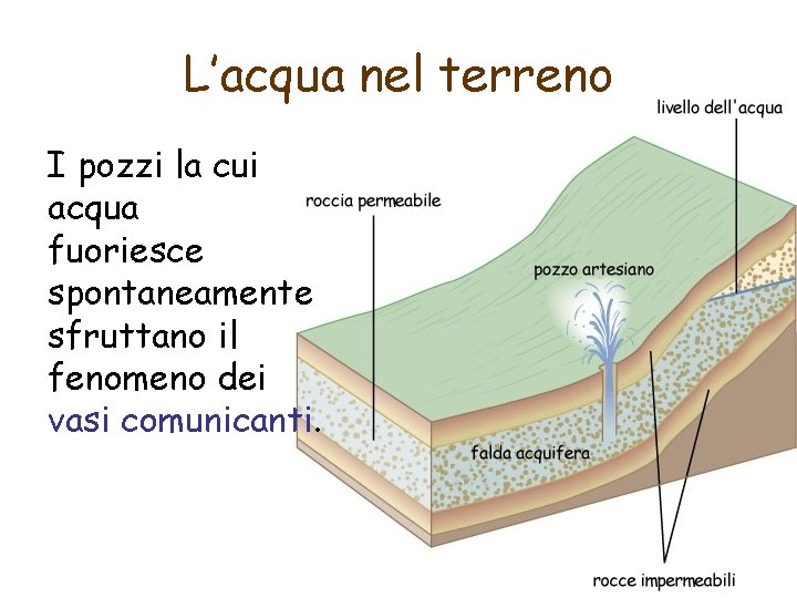 L’acqua nel terreno I pozzi la cui acqua fuoriesce spontaneamente sfruttano il fenomeno dei