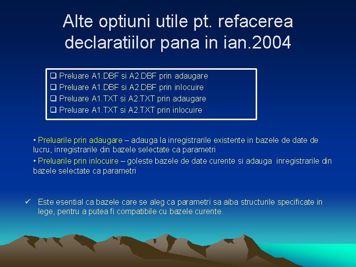 Alte optiuni utile pt. refacerea declaratiilor pana in ian. 2004 q Preluare A 1.