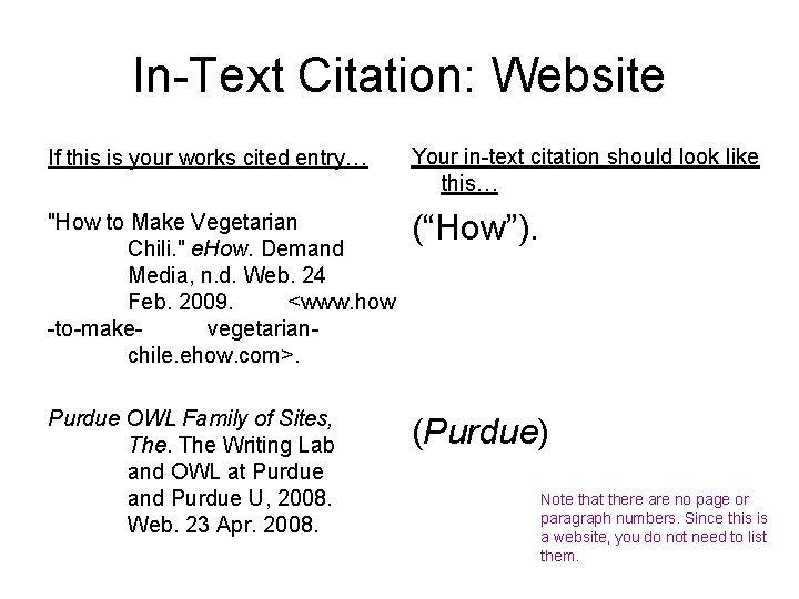 In-Text Citation: Website If this is your works cited entry… Your in-text citation should