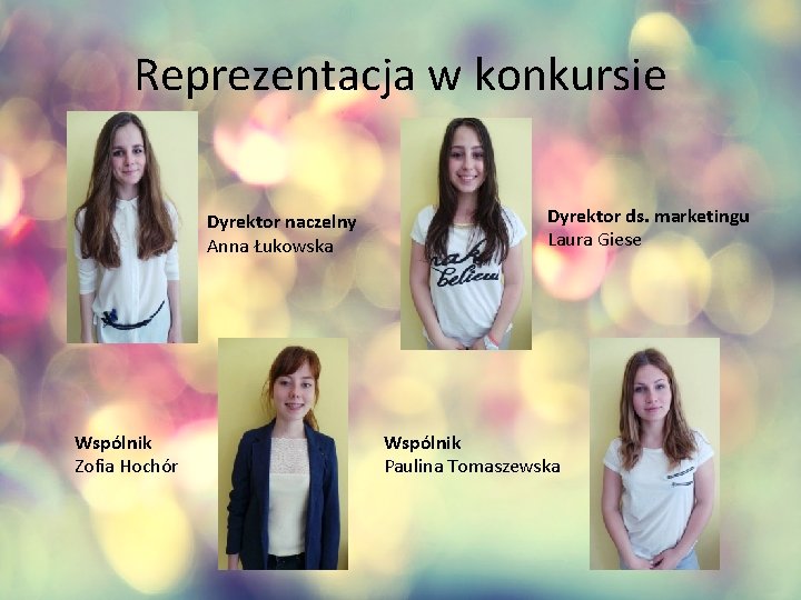 Reprezentacja w konkursie Dyrektor naczelny Anna Łukowska Wspólnik Zofia Hochór Dyrektor ds. marketingu Laura