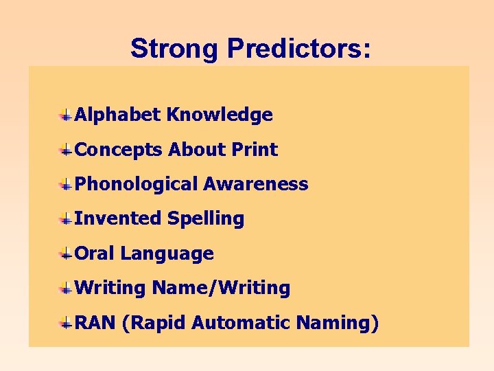 Strong Predictors: Alphabet Knowledge Concepts About Print Phonological Awareness Invented Spelling Oral Language Writing