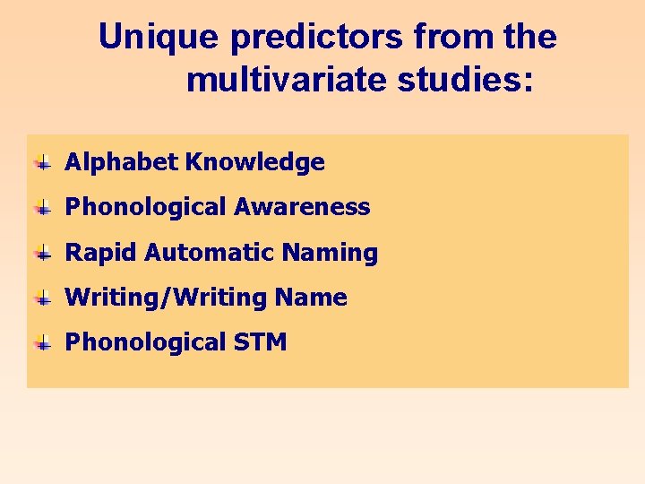 Unique predictors from the multivariate studies: Alphabet Knowledge Phonological Awareness Rapid Automatic Naming Writing/Writing