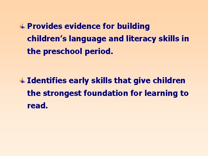 Provides evidence for building children’s language and literacy skills in the preschool period. Identifies