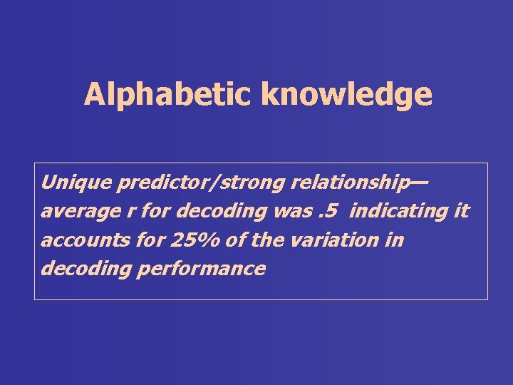 Alphabetic knowledge Unique predictor/strong relationship— average r for decoding was. 5 indicating it accounts