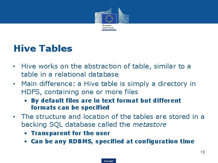 Hive Tables • Hive works on the abstraction of table, similar to a table
