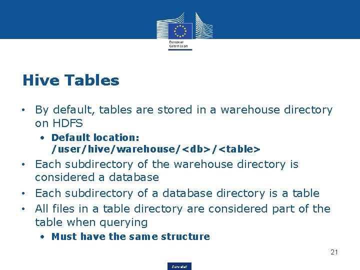 Hive Tables • By default, tables are stored in a warehouse directory on HDFS