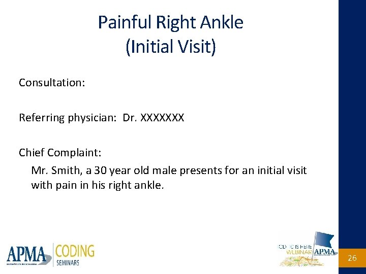 Painful Right Ankle (Initial Visit) Consultation: Referring physician: Dr. XXXXXXX Chief Complaint: Mr. Smith,