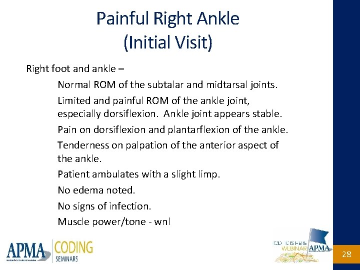 Painful Right Ankle (Initial Visit) Right foot and ankle – Normal ROM of the