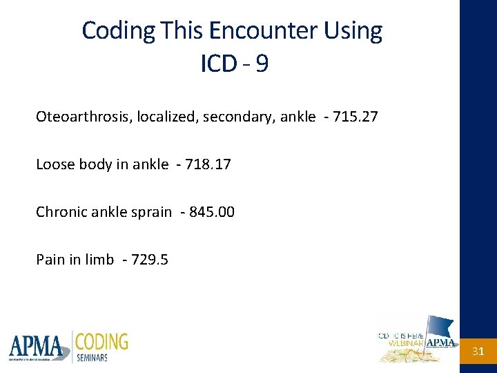 Coding This Encounter Using ICD - 9 Oteoarthrosis, localized, secondary, ankle - 715. 27