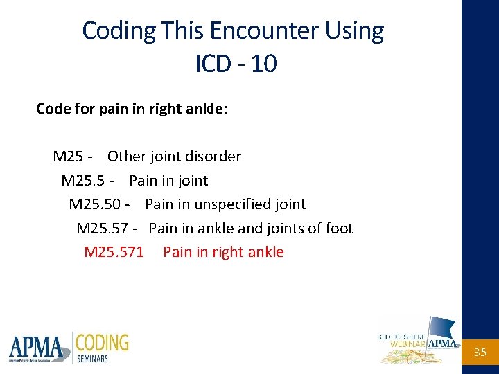 Coding This Encounter Using ICD - 10 Code for pain in right ankle: M