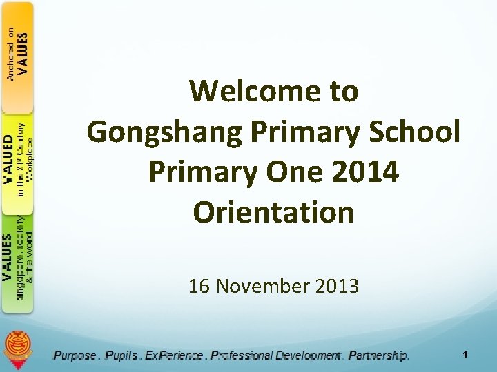 Welcome to Gongshang Primary School Primary One 2014 Orientation 16 November 2013 1 