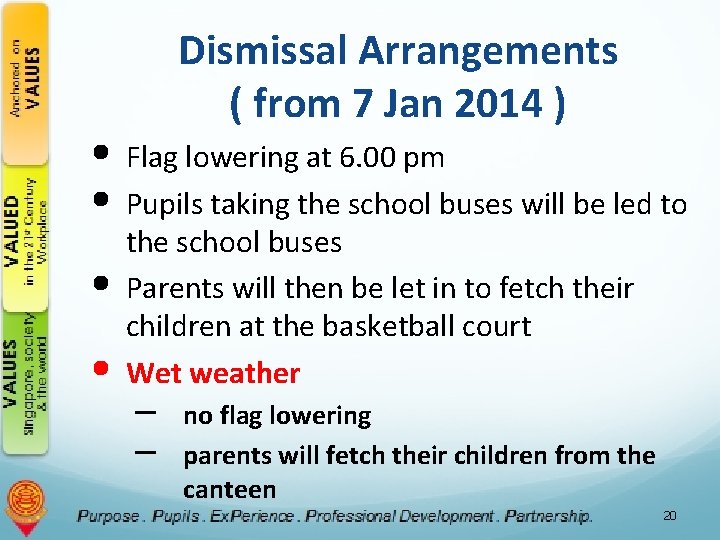 Dismissal Arrangements ( from 7 Jan 2014 ) • Flag lowering at 6. 00
