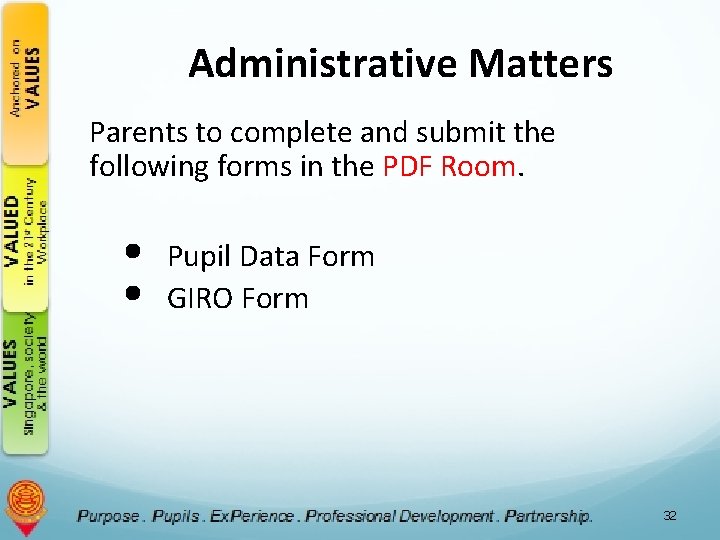 Administrative Matters Parents to complete and submit the following forms in the PDF Room.