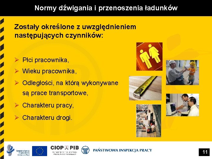 Normy dźwigania i przenoszenia ładunków Zostały określone z uwzględnieniem następujących czynników: Ø Płci pracownika, Normy dźwigania i przenoszenia ładunków Zostały określone z uwzględnieniem następujących czynników: Ø Płci pracownika,