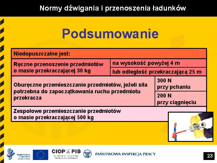 Normy dźwigania i przenoszenia ładunków Podsumowanie Niedopuszczalne jest: Ręczne przenoszenie przedmiotów o masie przekraczającej Normy dźwigania i przenoszenia ładunków Podsumowanie Niedopuszczalne jest: Ręczne przenoszenie przedmiotów o masie przekraczającej