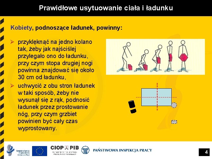 Prawidłowe usytuowanie ciała i ładunku Kobiety, podnoszące ładunek, powinny: Ø przyklęknąć na jedno kolano