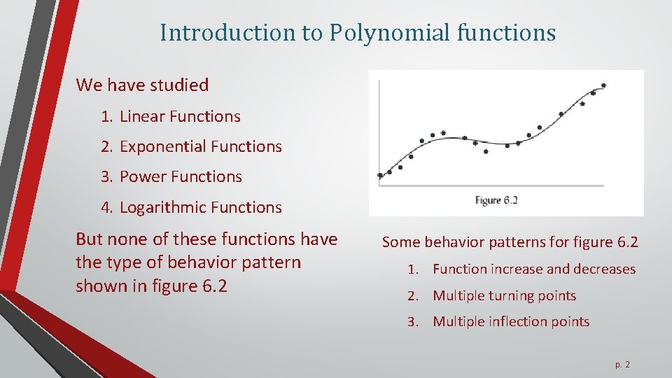 Introduction to Polynomial functions We have studied 1. Linear Functions 2. Exponential Functions 3.