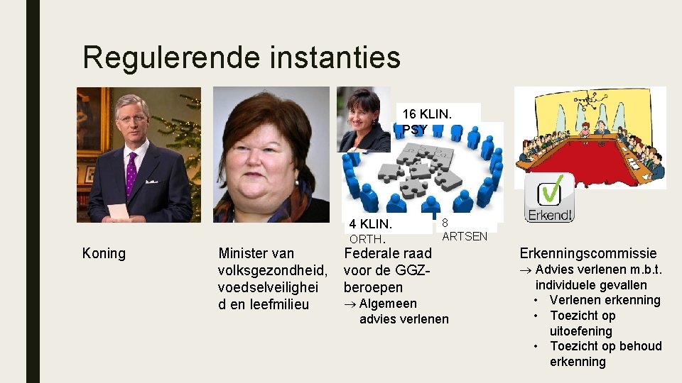 Regulerende instanties 16 KLIN. PSY Koning Minister van volksgezondheid, voedselveilighei d en leefmilieu 4