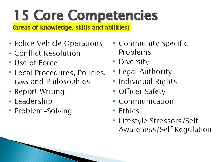 15 Core Competencies nadanda (areas of knowledge, skills and abilities) Police Vehicle Operations Conflict 15 Core Competencies nadanda (areas of knowledge, skills and abilities) Police Vehicle Operations Conflict
