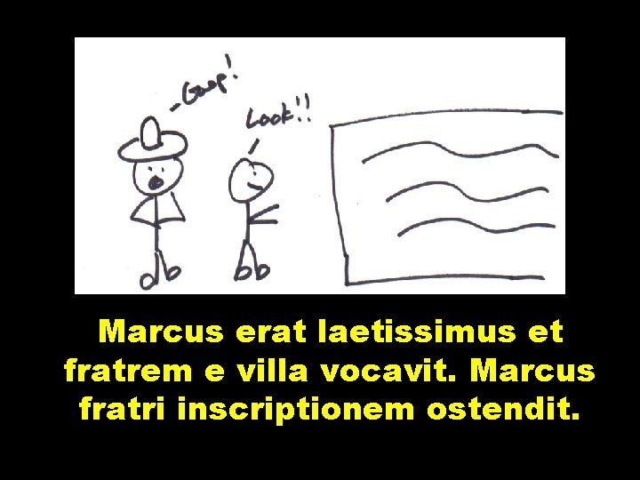 Marcus erat laetissimus et fratrem e villa vocavit. Marcus fratri inscriptionem ostendit. 