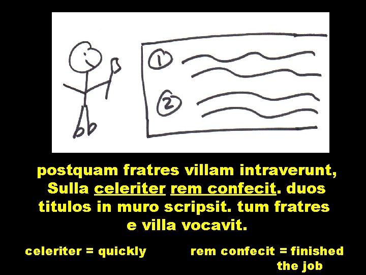 postquam fratres villam intraverunt, Sulla celeriter rem confecit. duos titulos in muro scripsit. tum