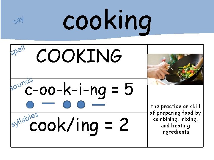 cooking say ll e p s COOKING s d n sou c-oo-k-i-ng = 5