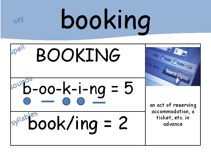 booking say ll e p s BOOKING s d n sou b-oo-k-i-ng = 5