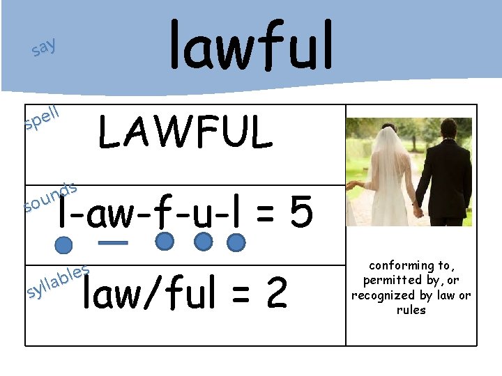 lawful say ll e p s LAWFUL s d n sou l-aw-f-u-l = 5