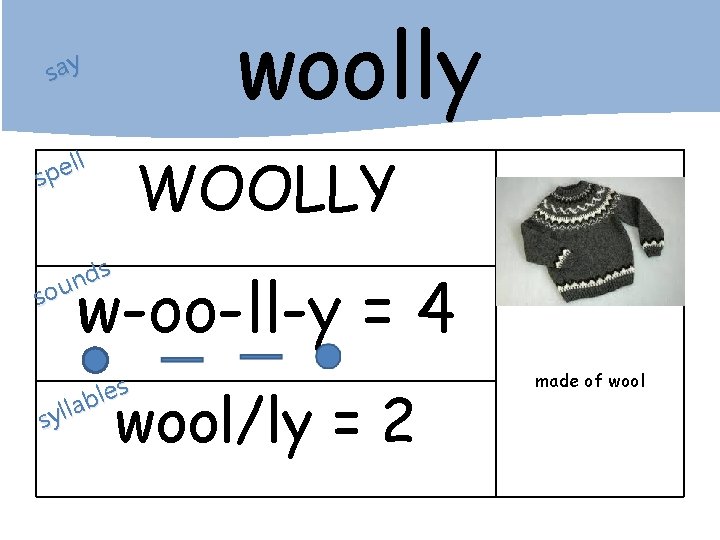 woolly say ll e p s WOOLLY s d n sou w-oo-ll-y = 4